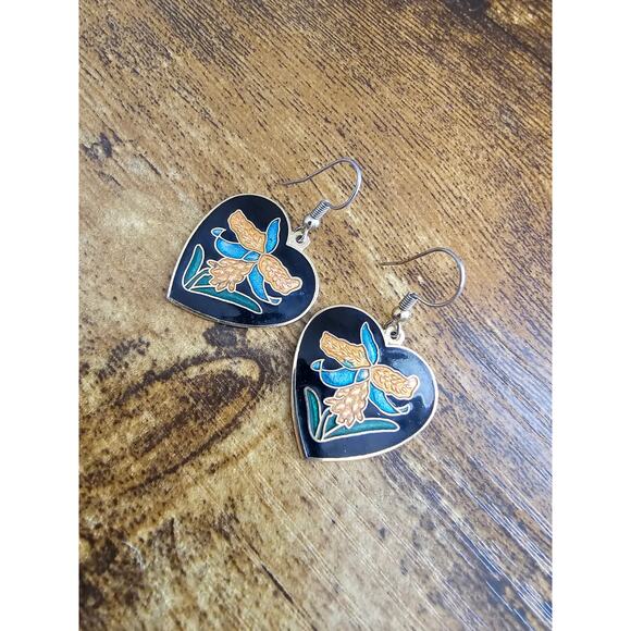 Vintage Y2K Heart Shaped Enamel Earrings French Hook w/ Iris Flowers - Picture 2 of 4
